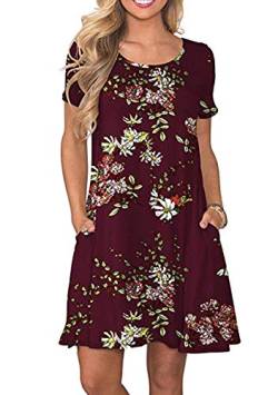 OMZIN Damen Kleid Rundhals Locker Casual Kleider mit Blumen Weich Strandkleider Weinrot Blumen 5XL von OMZIN