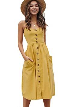 OMZIN Damen Kleid Sommerkleid Vintage Strandkleid Tasche Schulterfrei A-Linie Strandkleid Sommerkleid Blumenkleid Viele Färben Gelb XL von OMZIN