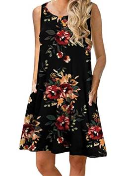 OMZIN Damen Kleid Warm Baumwolle Mit Tasche Spitz Atmungsaktiv Rundhals Tunika Minikleid A-Linie T-Shirt Schwarz Gelb Blume 3XL von OMZIN