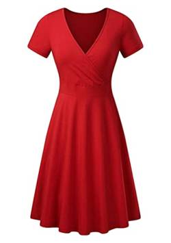 OMZIN Damen Kleid Wickelkleid V-Ausschnitt Rüschen Kurzarm Vintage Plissee A-Linie Swing Partykleid Rot 3XL von OMZIN