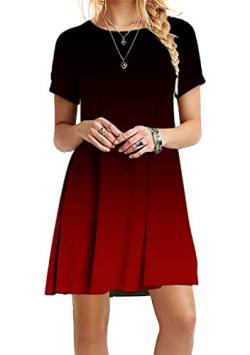 OMZIN Damen Kleid für Sommer Minikleid T-Shirtkleid Einfarbig Lockeres Kleid Swingkleid Casual Kleid Strandkleid Shirtkleid Wein Rot S von OMZIN