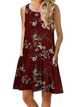 OMZIN Damen Kleid übergroßes ärmelloses Sommerkleid Minisonntagskleid Mit Tasche Lockeres Tank Weinrot Blume 3XL von OMZIN