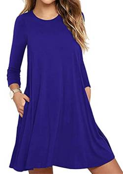 OMZIN Damen Kleider Knielang Blusenkleid Elegant Longshirt Rundhals Langarm Hemdkleid mit Tasche Casual Kleid Königsblau M von OMZIN