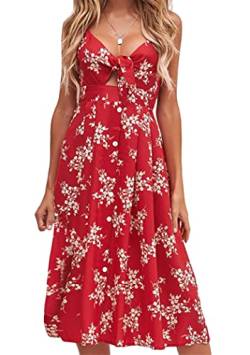 OMZIN Damen Kleider Lang Blumen Sommerkleider V Ausschnitt Spaghetti Ärmellos Strandkleid mit Knopf Rote Blume M von OMZIN