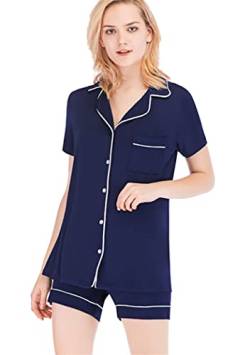 OMZIN Damen Kurz Streifen Schlafanzug Zuhausebekleidung Sommer Nachtwäsche Short Pyjama Baumwolle Navy Blau S von OMZIN