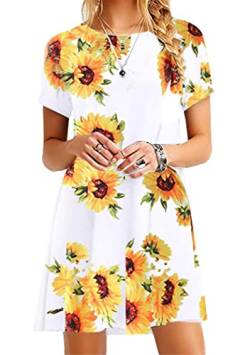 OMZIN Damen Kurzarm Casual Rundhals Lose Rund Ausschnitt T-Shirtkleid Tunika Top Bluse T-Shirt, 3XL, Weiße Sonnenblume von OMZIN