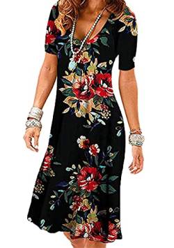 OMZIN Damen Kurzarm Floral Casual Aline Midi Kleid Sommer Midi Casual Baumwolle Kleid A Line Party Kleid Schwarz Rot Blume XXL von OMZIN