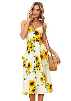 OMZIN Damen Lässig Strand Sommer Sundress Floral Baumwolle A-Linie Kleid Spaghetti Strap Button Down Midi Sundress Loose Floral Dress Gelb 3XL von OMZIN