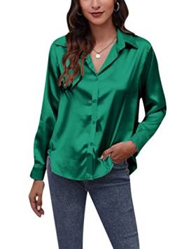 OMZIN Damen Lässige Oberteile V Ausschnitt Einfarbig Tunika Langarm Button Down Hemden Vintage Top Grün M von OMZIN