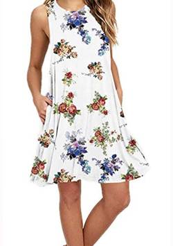 OMZIN Damen Lässiges Sommerkleid ärmelloses Pocket Stretchy Tee Shirt Kleid Lockeres Minikleid Tunikakleid Weiße Blume L von OMZIN