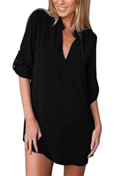 OMZIN Damen Langarm Bluse Chiffon Tops Elegant mit Knöpfen Langarmshirt V-Ausschnitt Schwarz XL von OMZIN