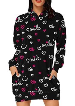 OMZIN Damen Langarm Casual Tops Love Heart Print Pullover Hoodies Einstecktasche Valentinstag Sweatshirt Schwarzer Smiley M von OMZIN