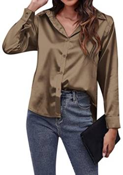 OMZIN Damen Langarm Satin Seide Knopf Hemd V-Ausschnitt Seidenhemd Arbeit Büro Bluse Dunkel-Khaki XXL von OMZIN