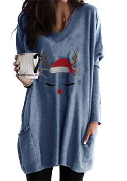 OMZIN Damen Langarm Weihnachten Sweatshirt Ugly Xmas Tree Graphic Funny Holiday Pullover Top with Pockets Elk Blue L von OMZIN