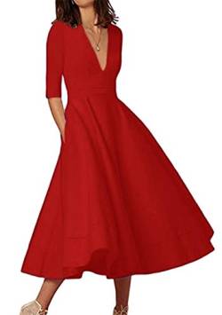 OMZIN Damen Long Sleeve Cockatil Kleid V Neck Solid Vintage Kleider A-Line Sommer Party Kleid Rot 2XL von OMZIN