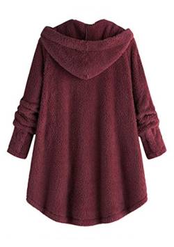 OMZIN Damen Mantel Winter Plüschjacke Frau Wintermantel Warm Cardigan Kapuzenjacke mit Taschen Warmen Outwear Lange Ärmel Einfarbig Sexy Parka Wein Rot 5XL von OMZIN