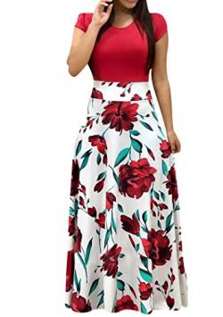 OMZIN Damen Maxikleider Blumendruck Elegantes Kleid Schlanke Abendkleider Langes Kleid Grün Rot XXL von OMZIN