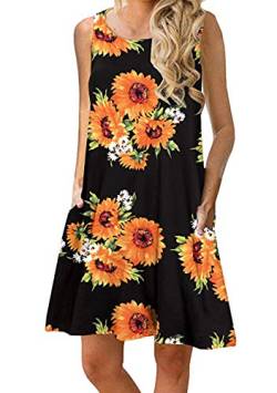 OMZIN Damen Minikleid Ärmelloses Sommerkleid Mit Tasche Lässig Lose Weste Tops Sommerkleid Schwarz Sunflower XL von OMZIN