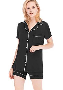 OMZIN Damen Nachthemden Sommer Schlafanzug Bequem mit Kurzen Hose Nachtkleid Sommer Sleepwear Short Pyjama Schwarz L von OMZIN