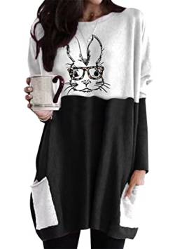 OMZIN Damen Niedliches Kaninchen Patchwork Sweatshirt Langarm Sweatshirt Top Kaninchen Muster Ostern Geschenk Schwarze Brille Kaninchen L von OMZIN