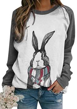 OMZIN Damen-Oster-Sweatshirt Häschen Bedruckt Pullover Oberteile locker süßes Kaninchen Grafik-Sweatshirt Grau WeiJin XXL von OMZIN