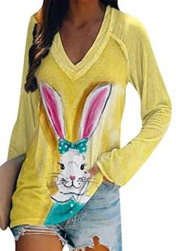 OMZIN Damen Ostern Grafik Sweatshirt Hase Langarm V-Ausschnitt Kaninchen Übergröße Shirts Pullover Kaninchen Gelb XL von OMZIN