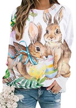 OMZIN Damen Ostern Hase Rundhalsausschnitt Relaxed Fit Sweatshirt Casual Langarm Kaninchen Print Pullover Top Khaki Kaninchen 3XL von OMZIN