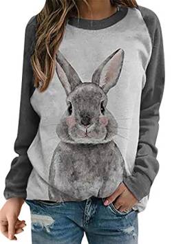 OMZIN Damen Ostern Lange Ärmel Hase Prints Bluse Pullover Rundhalsausschnitt Kaninchen Print Tshirt Sweatshirt Graues Kaninchen 3XL von OMZIN
