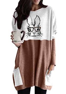 OMZIN Damen Ostern Rundhalsausschnitt Sweatshirt Kaninchen Druck Langarm Kaninchen Top Grafik Fitted Sweatshirt Khaki Brille Kaninchen 3XL von OMZIN