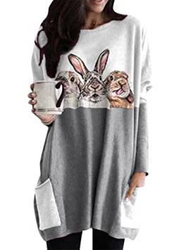 OMZIN Damen Ostern Rundhalsausschnitt Sweatshirt Kaninchen Print Langarm Sweatshirt Top Mit Tasche Grau DREI Kaninchen S von OMZIN