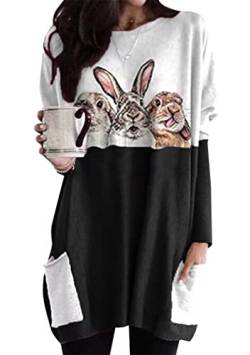 OMZIN Damen Ostern Sweatshirt Langarm Casual Rundhalsausschnitt Kaninchen Sweatshirt Ostern T-Shirt Top Schwarz DREI Kaninchen M von OMZIN