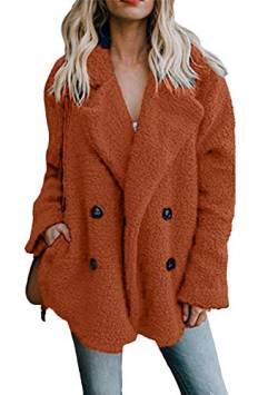 OMZIN Damen Oversize Mantel Teddy Fleece Strickjacke Casual Cardigan Fleece Jacke Mit Taschen Für Den Winter Caramel S von OMZIN