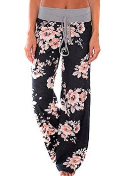 OMZIN Damen Palazzo Blumen Lange Pumphose Sommer Schlafanzughose High Waist Breites Locker Pluderhose mit Kordelzug Schwarz S von OMZIN