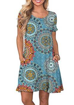 OMZIN Damen Partykleid Kurz Rundhals Sommerkleid Bedruckt Basic Strandkleid Blauer Ring M von OMZIN