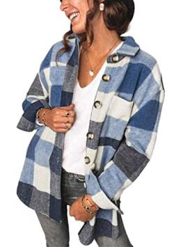 OMZIN Damen Plaid Baggy Strickjacken Langarm Mantel Outwear Cuffed Bluse Boyfriend Oversized Tops Mit Tasche Blau S von OMZIN