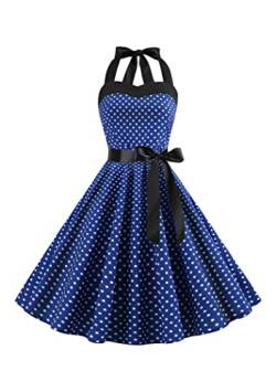 OMZIN Damen Polka Dot Halter Midi Cocktailkleid 1950s Rockabilly Audrey Hepburn Party Kleid Dunkelblau XS von OMZIN