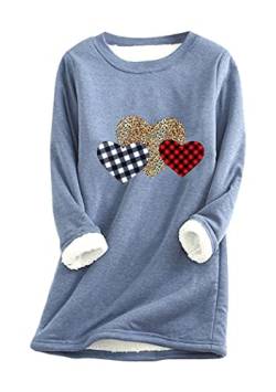 OMZIN Damen Pullover Valentinstag Pullover Langarm Herz Print Muster Rundhals Tops für Damen Blau XXXL von OMZIN