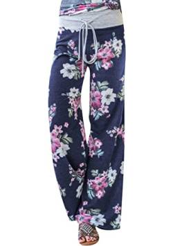 OMZIN Damen Pyjamahosen Schlafanzug Hose Weites Bein Lang Schlafanzughose Unifarbe Freizeithosen Hausehose mit Kordelzug Navy Blau XL von OMZIN