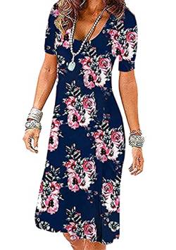 OMZIN Damen Rundhalsausschnitt Lose A Linie Kleid Kurzarm A Linie Floral Kleid Casual Flowy Party Kleid Plus Dunkelblau Pfingstrose XL von OMZIN