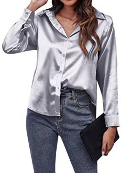 OMZIN Damen Satin Seide Casual Shirt V-Ausschnitt Button Shirt lose Langarm Arbeit Bluse Grau M von OMZIN