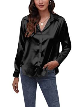 OMZIN Damen Satin Seidig Langarm Button Down Hemden Casual Büro Lose Bluse Tops Schwarz 3XL von OMZIN