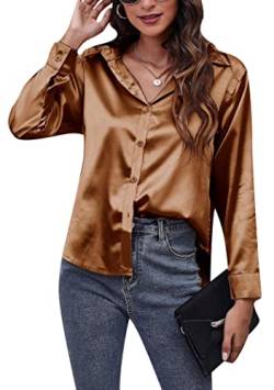 OMZIN Damen Satin Seidige Langarmbluse Button Down Hemd Lässiges Top Bürohemd Braun XL von OMZIN