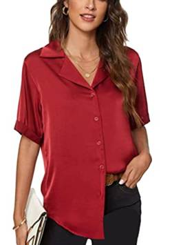 OMZIN Damen Satin Seidiges Button Down Hemd Kurzarm Shirt Lässige Bürobluse Atmungsaktives Oberteil Rot L von OMZIN