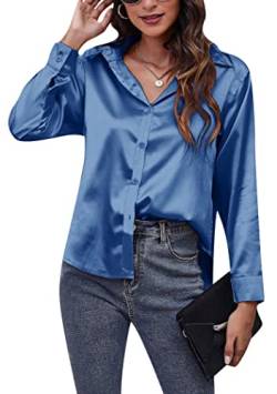 OMZIN Damen Satin Seidiges Button Down Hemd Seidiges Langarmhemd Formelle Arbeit Büro Seidige Bluse Tops Blau M von OMZIN