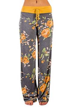 OMZIN Damen Schlafanzughose Weich Yogahose Weites Bein Lang Drawstring Pyjamahose mit Blumenmuster Freizeithose Gelb 3XL von OMZIN