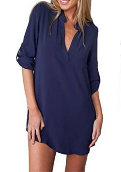 OMZIN Damen Shirt Casual Loose Blusen Chiffon Obeteile Locker Tops Tunika V Ausschnitt Langarmshirt Navy Blau M von OMZIN