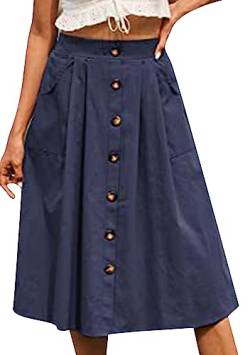 OMZIN Damen Solid Color High Waist Button down a Line Pocket Rock Plissee Leinenrock Long Skirt Marineblau S von OMZIN