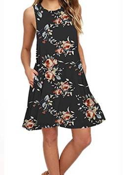 OMZIN Damen Sommer Beachwear ärmelloses Sonnenkleid Mit Taschen Rundhalsausschnitt Floral Vest Tops Mini Kleid Schwarz Rose L von OMZIN