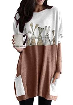 OMZIN Damen Sommer Bunte Pullover Rundhalsausschnitt Langarm Top Übergröße Niedlicher Hase T Shirt Khaki Hase M von OMZIN