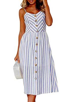 OMZIN Damen Sommer Party Sonnenkleid Bedrucktes V-Ausschnitt Sommerkleid Strandkleid Mit Taschen Ärmelloses Kleid Blau M von OMZIN